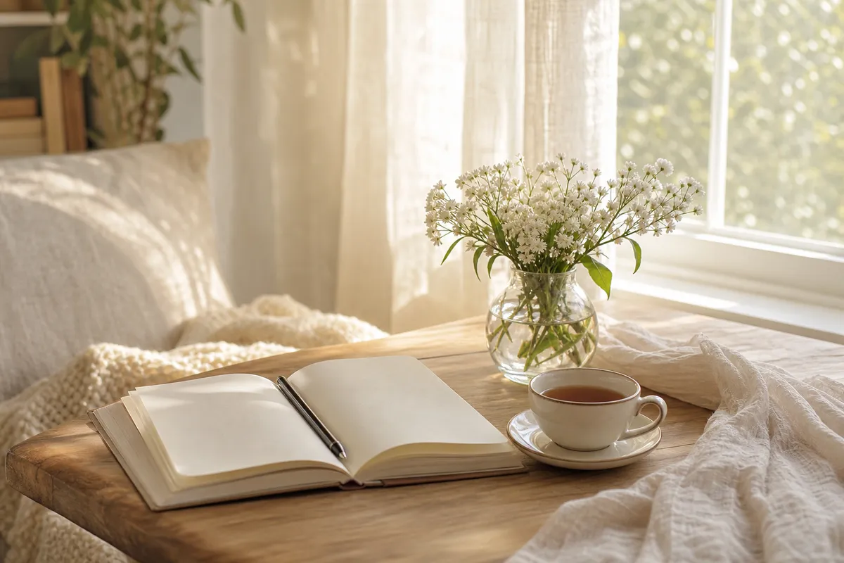 An open journal and pen by a sunlit window with a small vase of white flowers