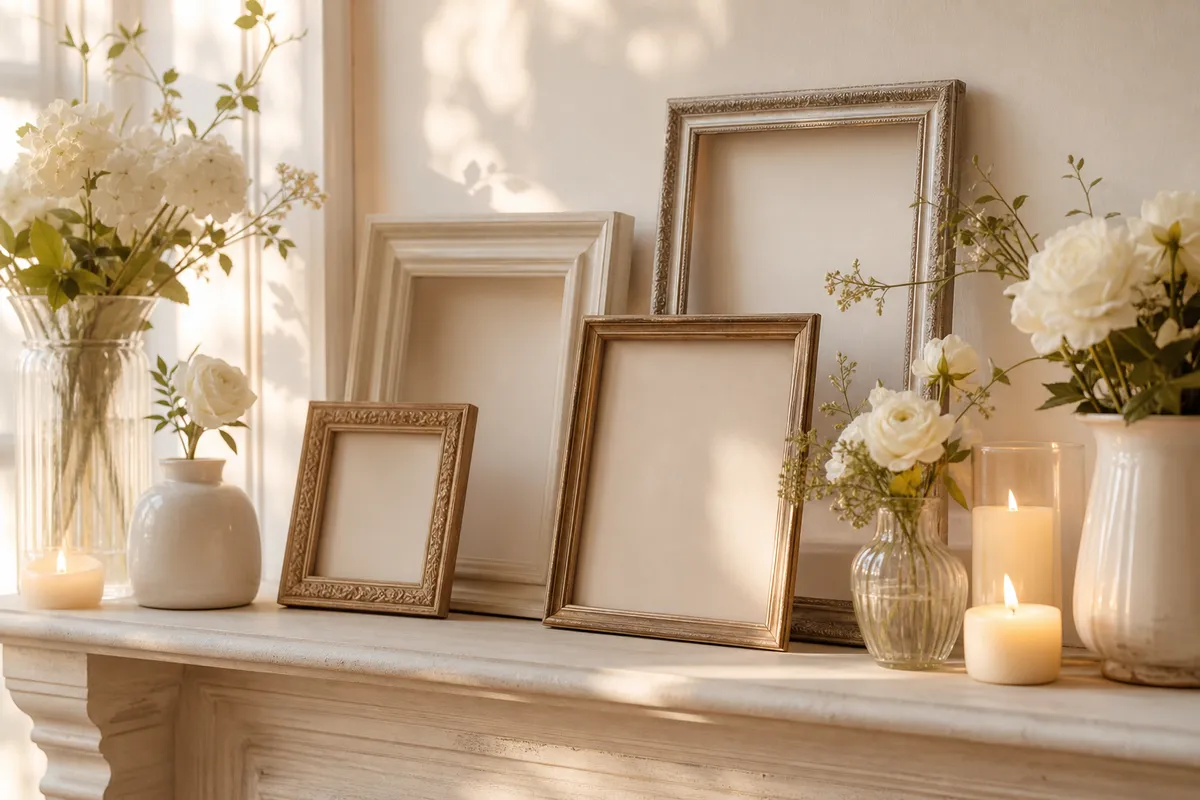 A sunlit mantel with framed photos, candles, and white flowers